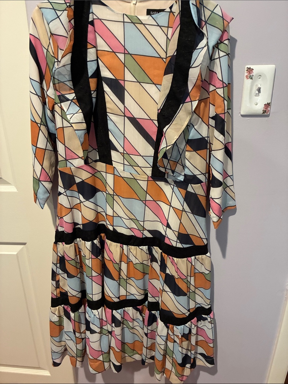 Multicolor Geometric Tiered Dress with Black Trim - Picture 3 of 3